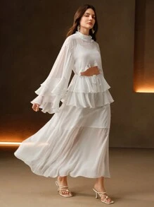 Anewsta Robe mi-longue élégante en chiffon avec patchwork et décolleté ajouré, convient pour la plage, le printemps et l'été - Bleu azur - Voir 1