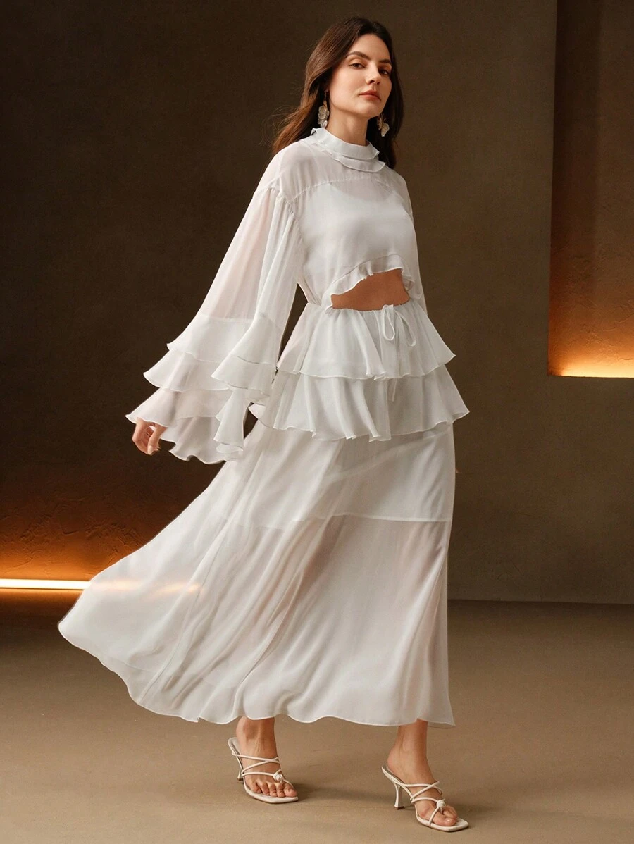 Anewsta Robe mi-longue élégante en chiffon avec patchwork et décolleté ajouré, convient pour la plage, le printemps et l'été - Bleu azur - Voir 1