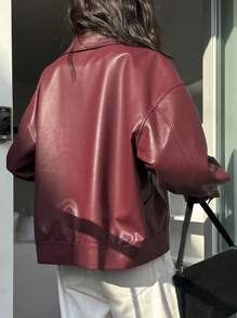 DAZY 宽松男友风立领拉链长袖机车夹克，秋季女装外套 - 酒紅色 - 查看 2