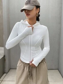 DAZY 女式纯色前拉链长袖休闲连帽夹克，返校服 - 白色 - 查看 4