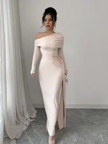 Elenzga Vestido de manga larga con hombros fruncidos y bajo drapeado - Albaricoque - Ver 4