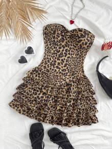 Soleia Women's Holiday Bandeau Twist Vintage Leopard Print Layered Ruffle Hem Cinched Waist Mini Dress, For Parties