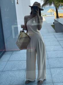 DAZY 2pcs/Set Women 3D Floral Decor Sleeveless Crop Top And Wide Leg Pants Set - Apricot - View 5