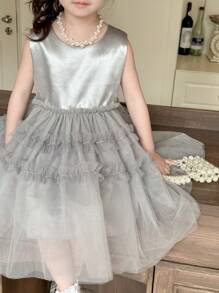 DAZY Young Girl Round Neck Sleeveless Mesh Party Dress, Summer - Grey - View 4