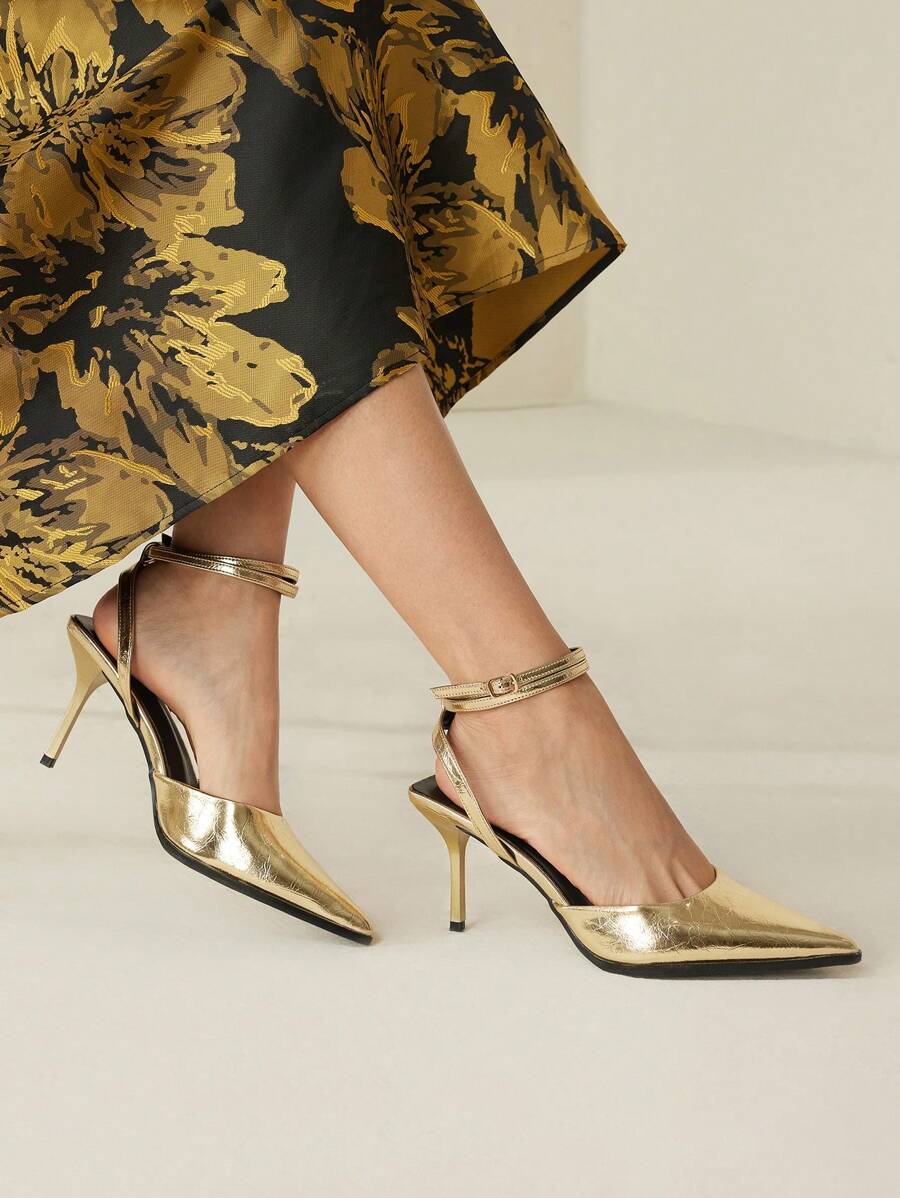 MOTF PREMIUM METALLIC ANKLE STRAP POINTED TOE PUMPS, FOR VALENTINE'S DAY SPRING SHOES PROM HEELS SPRING SHOES - Gold - View 1