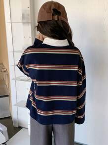 Dazy Kids Tween Girl Turndown Collar Color Block Striped Long Sleeve T-Shirt, Spring,Back To School Clothes - Navy Blue - View 5