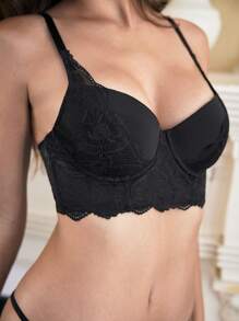 Charlaine Women Simple Solid Color Spaghetti Strap Lace Trim Casual Bra - Black - View 1