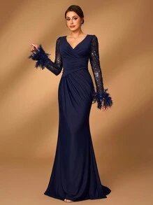 Serin Elegant Luxury Pearl & Sequin Patched Ruched Mesh Long Sleeve Mermaid Evening Formal Dress, Suitable For Wedding, Parties, Vacation, Ball, Banquet And Mother Of The Bride - Navy Blue - View 7