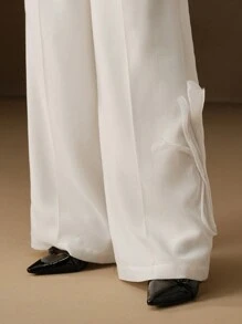 Anewsta Pantaloni di lino a vita alta, dritti, di nuova concezione per la primavera e l'estate, decorati a mano con fiori 3D, abiti pudici per donne - Bianco - Visualizzare 2