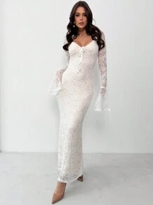 Firerie Women's Summer Boho Festival Old Money Elegant Minimalist Romantic V-Neck Lace Flare Sleeve Mermaid Dress, Basic Work Party Banquet White Dress,White Graduation Dress - White - View 3