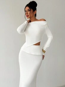 SHEIN Privé Set da 2 pezzi per San Valentino, composto da top a maniche lunghe con colletto asimmetrico e gonna lunga aderente, elegante - Bianco - Visualizzare 5