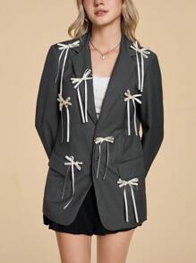 ROMWE Kawaii Women's Bow Decor Long Sleeve Button Front Casual Blazer Jacket - Grey - View 3