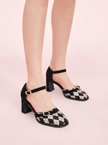 CUCCOO DOLLMOD Tacones de plataforma elegantes y dulces con patrones geométricos, correas de contraste de colores, puntera redonda y tacón grueso alto para mujer, para citas, tarde de té - Blanco y Negro - Ver 6