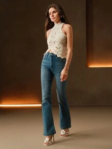 Anewsta Women's Casual Sexy Vacation Elegant Knitted Halter Neck Asymmetrical Hem Crochet Top, Suitable For Valentine's Day, Summer Beach, New Year's