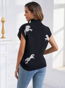 INAWLY Mock Neck Flared Bishop Sleeve Black Knit Cap Sleeve Top - Black - View 2