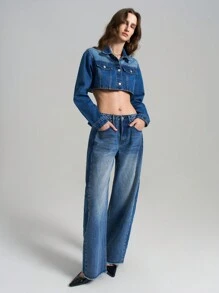 Ontre 女款2025新款前扣长袖口袋简约短款牛仔夹克，春夏女士休闲牛仔夹克