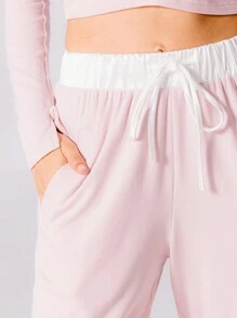 Aralina 玫瑰粉色宿舍女生裹身上衣和休闲裤套装（带发带）