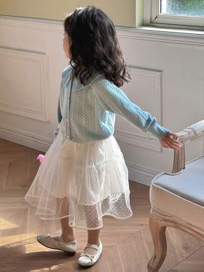 DAZY 2pcs/Set Little Girls Vintage Style Hollow Out Long Sleeve Cardigan And Versatile Mini Skirt, Spring/Summer