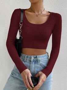 SHEIN X Antonella SHEIN EZwear Scoop Neck Ribbed Knit Crop White Sweater