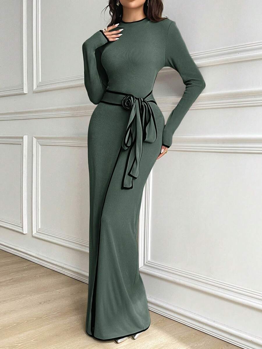 Modelyn 女士撞色绑带圆领长袖系带休闲紧身连衣裙长款晚礼服