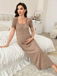 Moonlight&Mama Solid Color Knit Bodycon Split Hem Maternity Housedress - Brown - View 5
