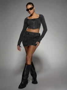 MISSGUIDED Ribbed Denim Two-Piece Set Corset Crop Top And Mini Skirt Coordinated Outfit Party Club Y2K Fashion Streetwear Zip-Up Co-Ord Set - Black - View 6