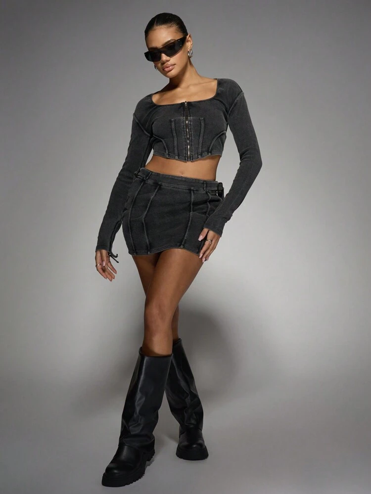 MISSGUIDED Ensemble deux-pièces en denim côtelé, top court en corset et mini-jupe, tenue coordonnée pour fête, club, mode Y2K, streetwear, ensemble coordonné avec fermeture éclair