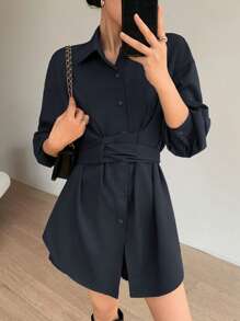 EastFlair Korean Fashion Grey Long Sleeve Shirt Dress & Shorts 2Pcs Set, Waist-Cinched Elegant Outfit