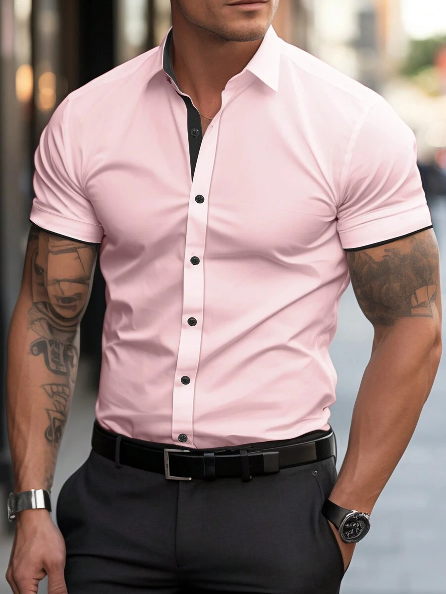 Manfinity Mode Men's Solid Color Panel Front Button Short Sleeve Casual Top, Daily Wear Men S Dress Shirts Short Sleeve - Baby Pink - View 1