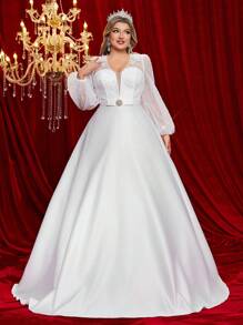 Glamrae 大码白色缎面和缎面拼布珍珠亮片 3D 贴花泡泡肩气球袖大码 A 字型新娘婚纱 - 白色 - 查看 5