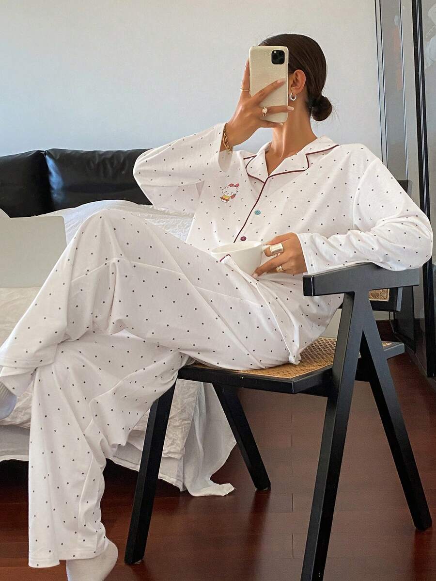 DAZY 波尔卡圆点可爱卡通印花撞色边饰睡衣套装