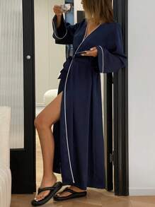 DAZY Elegant Satin Contrasting Stripe Trim Maxi Robe Pajama - Navy Blue - View 1