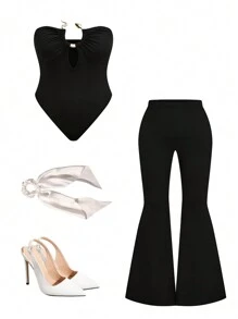 SHEIN Unity Conjunto de 2 piezas para mujer talla grande, body con acentos metálicos y pantalones skinny - Negro - Ver 2