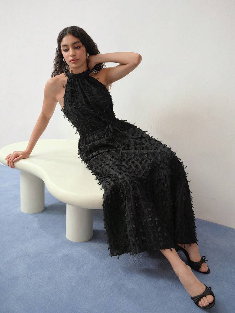 MOTF STUDIO TEXTURED RUFFLE HEM HALTERNECK DRESS