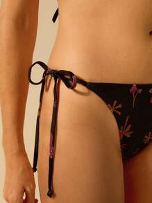 CAJUNI Women's Boho Coconut Tree & Mushroom Print Vacation Casual Summer Beach Halter Bikini Top And Bottom 2 Pieces Swimwear Set, Black Color