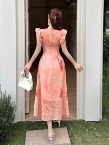 DAZY Women V-Neck Floral Drawstring Waist Cap Sleeve Mid-Length Dress - Pink - View 2