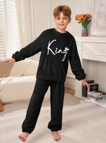SHEIN 2pcs Tween Boy Minimalist Letter Embroidered Crew Neck Long Sleeve Top And Soft Fleece Pajama Pants Set, Comfortable Homewear Sleepwear, Autumn/Winter Fall - Black - View 5