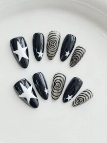 ROMWE Goth 10 Stück gotische Sternennägel im Stil mit 3 Stück doppelseitigem Klebeband, abnehmbare handbemalte Nagel-Sticker mit Pentagramm-Design, geeignet für Festivalpartys, Tänze und den täglichen Gebrauch, Halloween