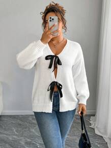 Calvaya Strickjacke in großen Größen für Damen mit V-Ausschnitt, Langarm, Schleife zum binden, elegant und romantisch, figurschmeichelnd, für Frühling/Sommer