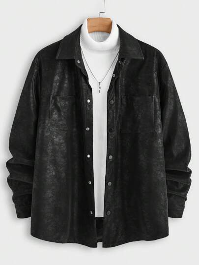 Manfinity VCAY Woven Slim Fit Regular Casual Shacket For Autumn, Going Out Black Casual Flannel Shacket, For Friends, Husband, Boyfriend Gifts