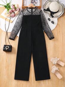 Tween Girl Lace Patchwork Round Neck Long Sleeve Casual Jumpsuit - Black - View 2