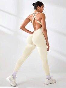 SHEIN Sports 女士纯色露背交叉带性感运动连体裤 - 白色 - 查看 2