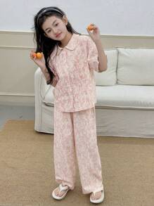 Dazy Kids Set 2 buc. pijama pentru fete, mărime mare, cu guler Peter Pan, bluză țesută cu mânecă scurtă + pantaloni țesuți cu imprimeu, primăvară/vară