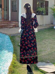 DAZY Women's Contrast Lace Multicolor Floral Midi Dress, Red, Suitable For Spring, Summer, Autumn