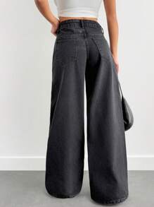 EURMUSE Women's Fashionable Versatile Slant Pocket Loose Fit Denim Jeans - Black - View 2