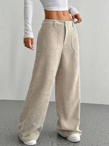 Flirla Pantalones rectos sueltos simples de pana con botones delanteros y bolsillos de unicolor