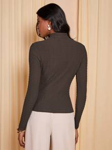 COSMINA Women Casual Solid Color Hollow Front Button Top, Autumn - Brown - View 2