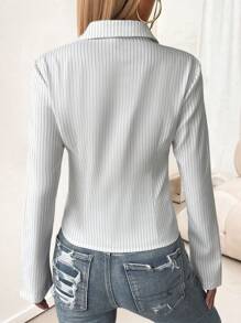 Chiquease Women's Button Front Long Sleeve Striped Casual Shirt,Long Sleeve Tops Fall Cloth For Women - White - View 2