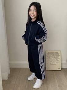Dazy Kids Bộ 2 áo chui đầu tối giản giản dị cho bé gái và quần - Màu xanh hải quân - Xem 3