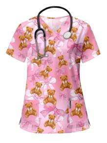 PopScrub 卡通可爱粉色蝴蝶结泰迪熊和吉祥印花大码 V 领短袖口袋护士/医生手术服上衣，手术服套装手术服套装护士连衣裙手术服上衣手术服裤子实验室外套手术服外套 - 粉色 - 查看 4